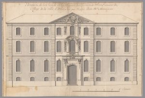 Collège des Révérends pères Jésuites - 1Fi 335 (GG 1 ; F° 10) Élévation de la façade de la maison des révérends pères Jésuites du collège de la ville d’Arles.Projet de J.B Perre, Maître menuisier Dessin aquarellé sur papier - 48,5 x 32,5 - éch. 6 cannes 