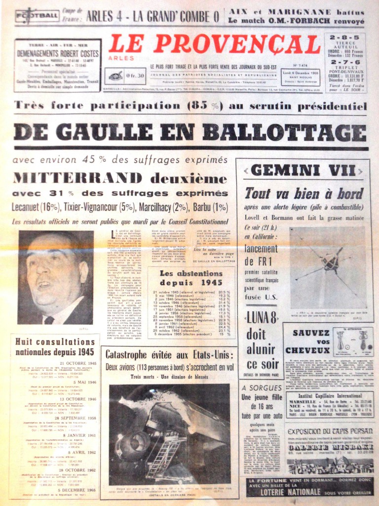 Document 1 : Première page « le Provençal » du 6 décembre 1965