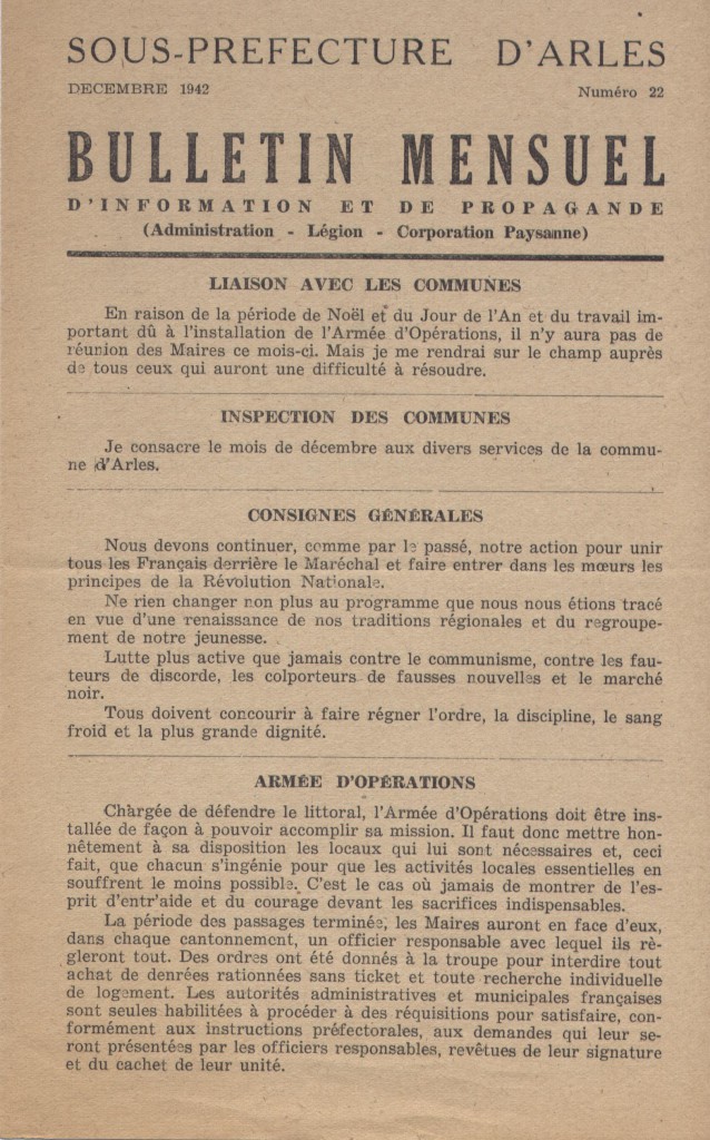 Document 2 : Bulletin mensuel d’information et de propagande n° 22 décembre 1942 de la sous-préfecture d’Arles (H237).