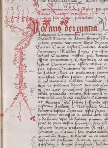 AA7 folio 24 recto : En-tête d'une lettre de la comtesse de Provence Yolande d'Aragon (1400-1417, dcd en 1442) datant de 1419 et recopiée dans le cartulaire, ornée d'une grande lettrine à l'encre rouge avec grotesque. En bas, le long du texte apparaît un masque de théâtre