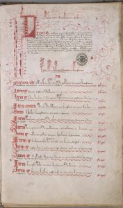 AA7, Premier folio commençant par une invocation divine à l'encre rouge, suit la présentation du manuscrit introduite par la lettrine L richement ornée et dont le décor s'épanche dans la marge, vient enfin le début de la rubrique avec la lettre A. 