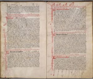 AA7 folios 20 verso et 21 recto : Lettres du comte de Provence Louis II (1384-1417) datant de la période 1402-1410 qui montrent la profusion du décor, notamment à droite dans la marge du bas les nombreux grotesques accrochés aux hampes des lettres
