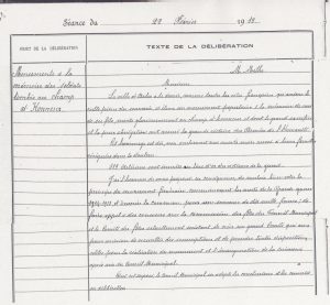 Arch. com. Arles, D43 p133-134, délibération de la ville d'Arles du 22 février 1919 concernant l'érection d'un monument des soldats tombés au champ d’honneur »