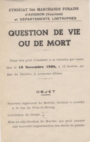 Tract du Syndicat des commerçants non sédentaires de Vaucluse et départements limitrophes, 1938 - A.C. Arles F99